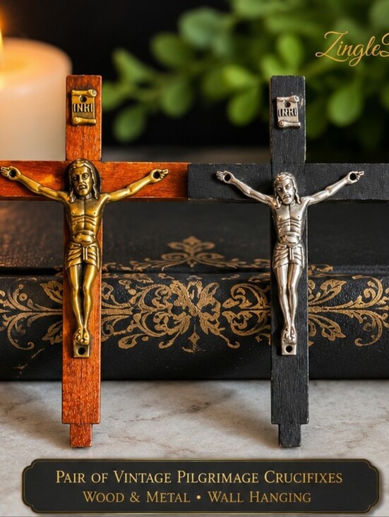 Other - Pair Vintage Wooden Wall Crucifixes Catholic Christian INRI Crosses Mid-Century